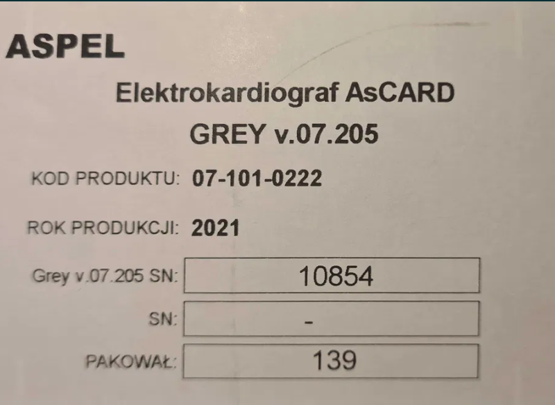 Aparat EKG dotykowy Aspel Grey v.07.205 z osprzętem, używany