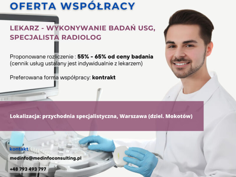 Przychodnia AOS działającą na zasadach komercyjnych, specjalizująca się w diagnostyce obrazowej (RMI, TK, RTG), mieszcząca się w Warszawie poszukuje do współpracy lekarza wykonującego badania USG.